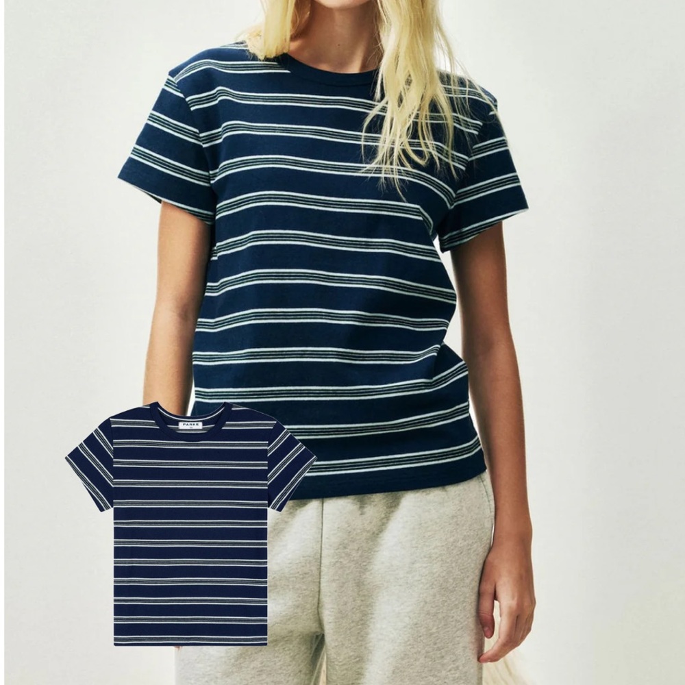 PARKE Holiday Striped T-Shirt Striped Tee in Snowflake Stripe Blue New